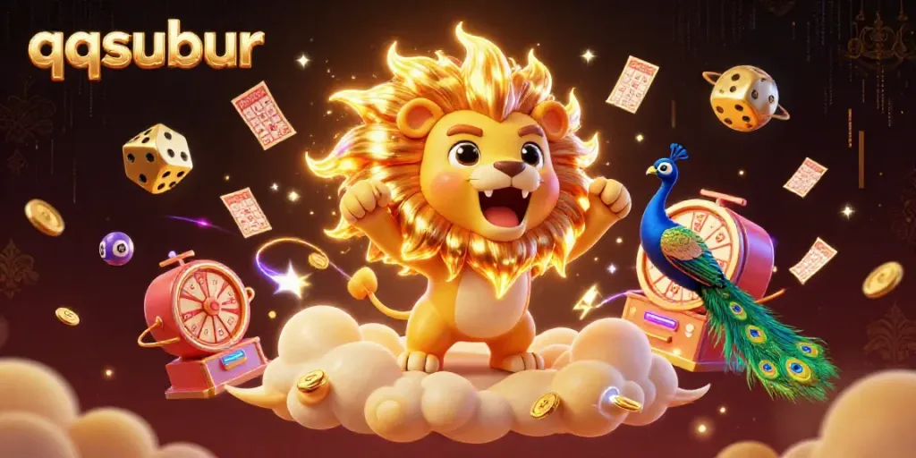 Win big with qqsubur as the sun lion roars amidst vibrant lottery elements and golden coins!