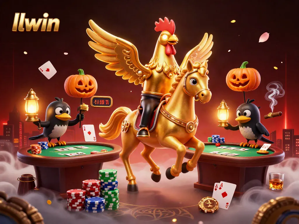 Experience llwin's vibrant casino scene with golden rooster and companions amid poker excitement.