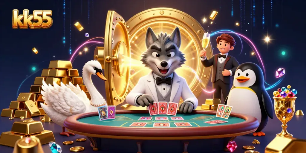 Engage with kk55 in a lavish baccarat scene featuring elegant characters and sparkling treasures.
