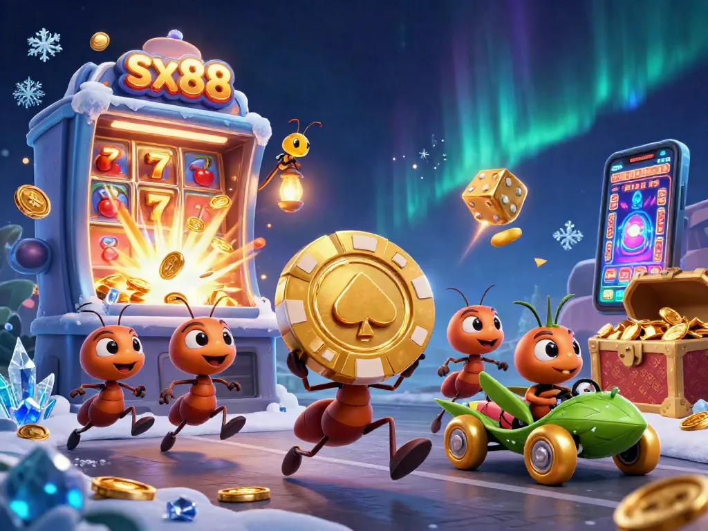 Engage in an exciting sx88 gaming adventure with animated ants and vibrant casino elements.
