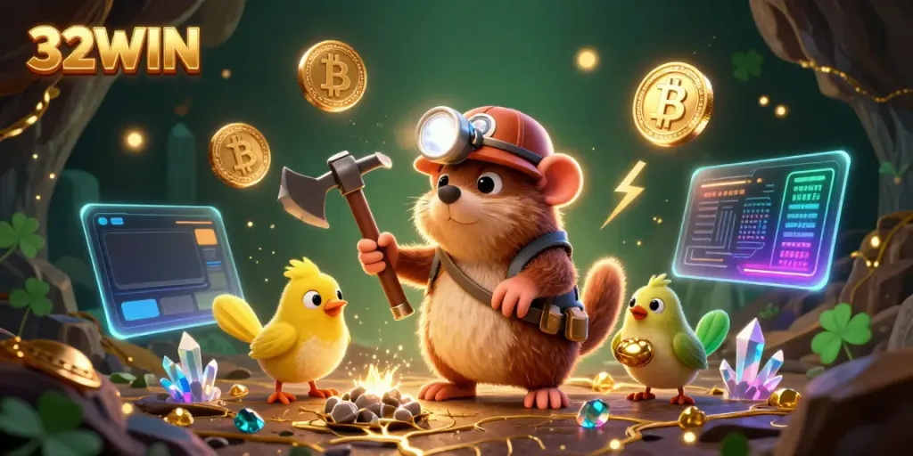 32WIN treasure hunter mole in a casino-themed underground cave with cryptocurrency elements.