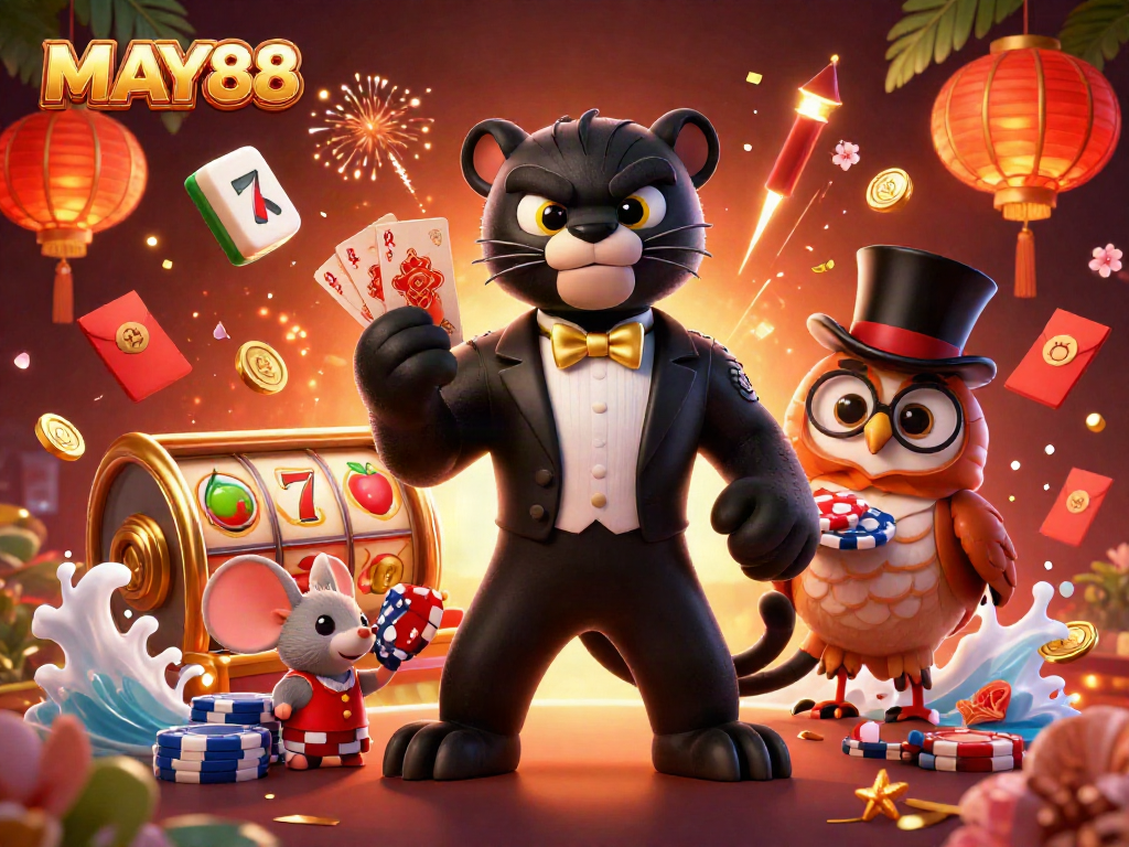 MAY88: Winning gamblers enjoy a vibrant casino scene with stylish characters and dynamic game elements.