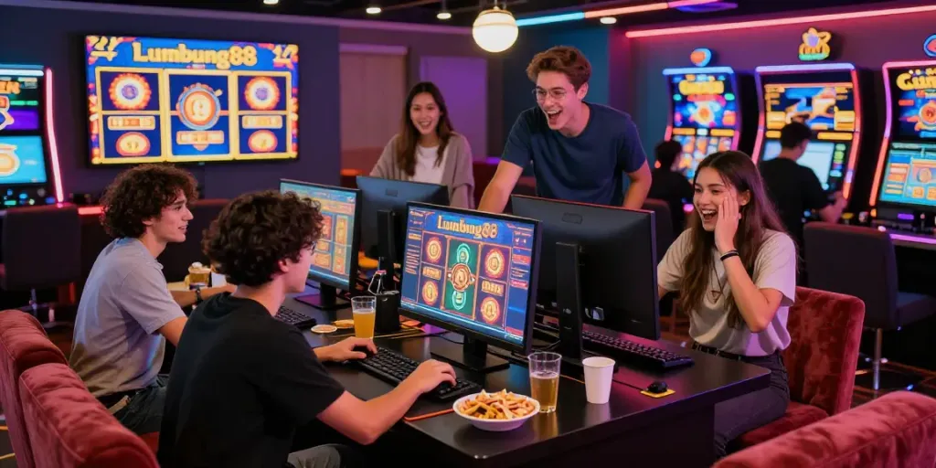 Friends enjoying Lumbung88 online slots in a vibrant casino setting.