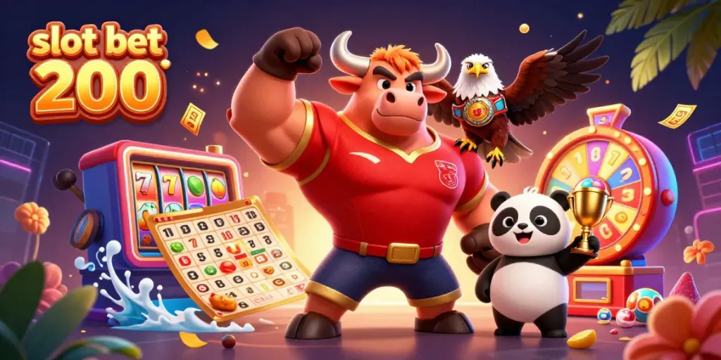 Slot bet 200: merayakan kemenangan dengan karakter kartun di kasino virtual.