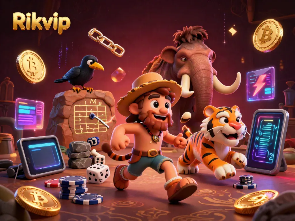 Experience the exciting spirit of Rikvip through a vibrant 3D illustration depicting a prehistoric casino with caveman and tiger characters.