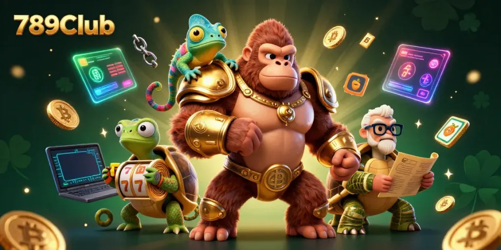 Witness the energetic 789Club scene with a powerful gorilla king and a changing chameleon, set in a vibrant casino environment.