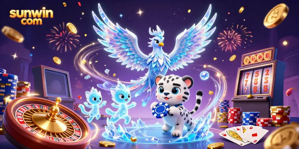 Experience gaming excitement with sunwin com as a mystical ice phoenix and snow leopard come alive in a vibrant casino setting.