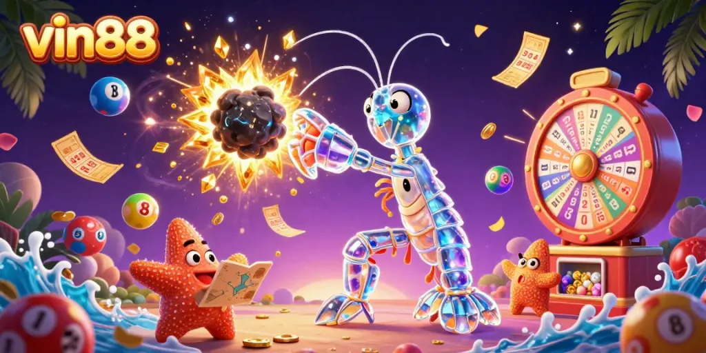 Experience thrilling adventures with vin88 in a vibrant cosmic casino scene filled with colorful lottery elements.