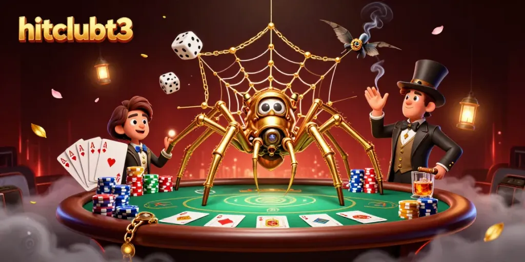 Engage in exciting gameplay at hitclubt3, featuring a cartoonish steampunk spider webbing poker chips and dice.