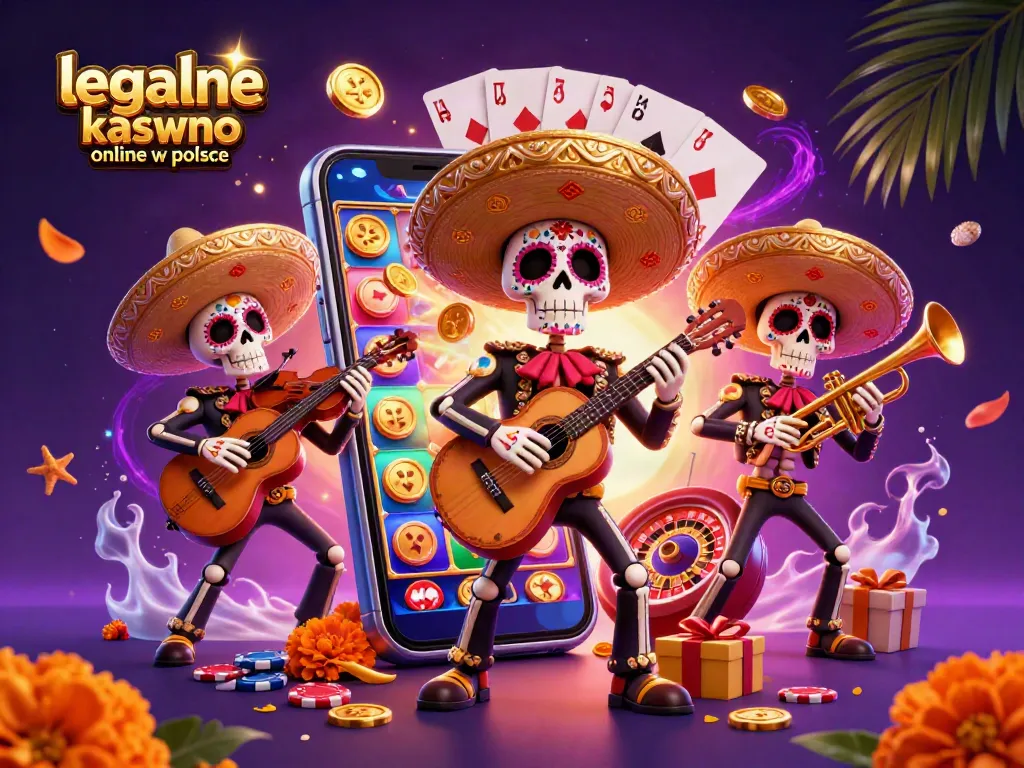 Engage with legalne kasyno online w polsce in this vibrant 3D illustration showcasing a mariachi band amid casino elements.
