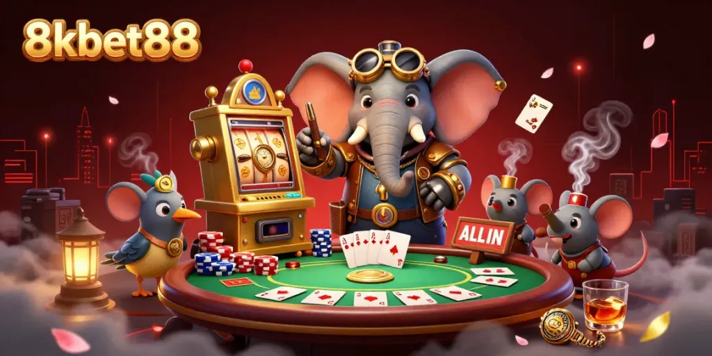 Experience the thrill at 8xbet88 with a steampunk elephant operating a golden slot machine surrounded by poker elements.