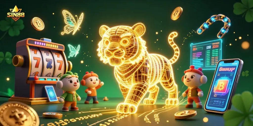 SIN88 captivates players with a vibrant 3D casino world featuring a neon tiger and coins.