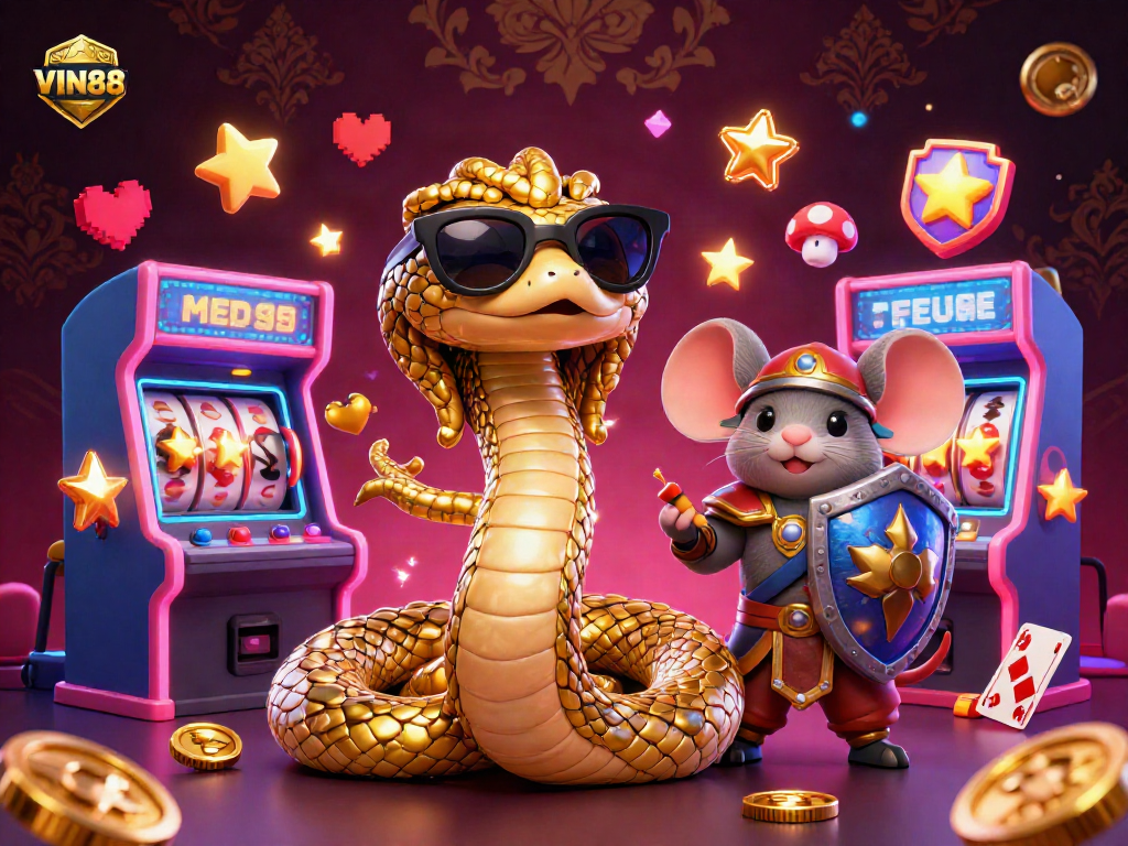 Engage with VIN88 through a vibrant 3D casino illustration featuring Medusa and a warrior mouse amidst exciting game elements.