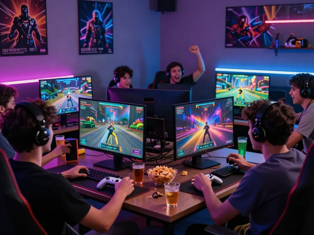 Engaged friends playing multiplayer games together, capturing the vibrant kilat 404 gaming experience.
