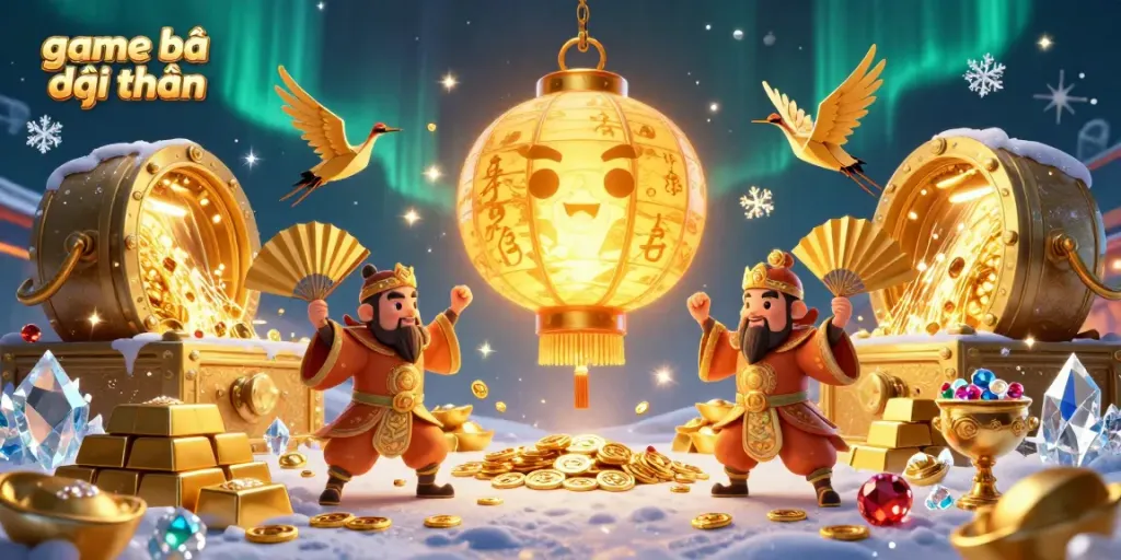 Engage with the excitement of game bài đổi thưởng in this vibrant casino scene, showcasing golden treasures and lively characters.