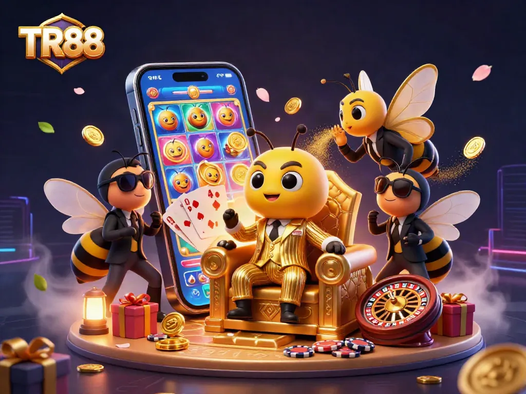 Engage with TR88's immersive casino experience featuring a cartoon mob boss and gaming elements.