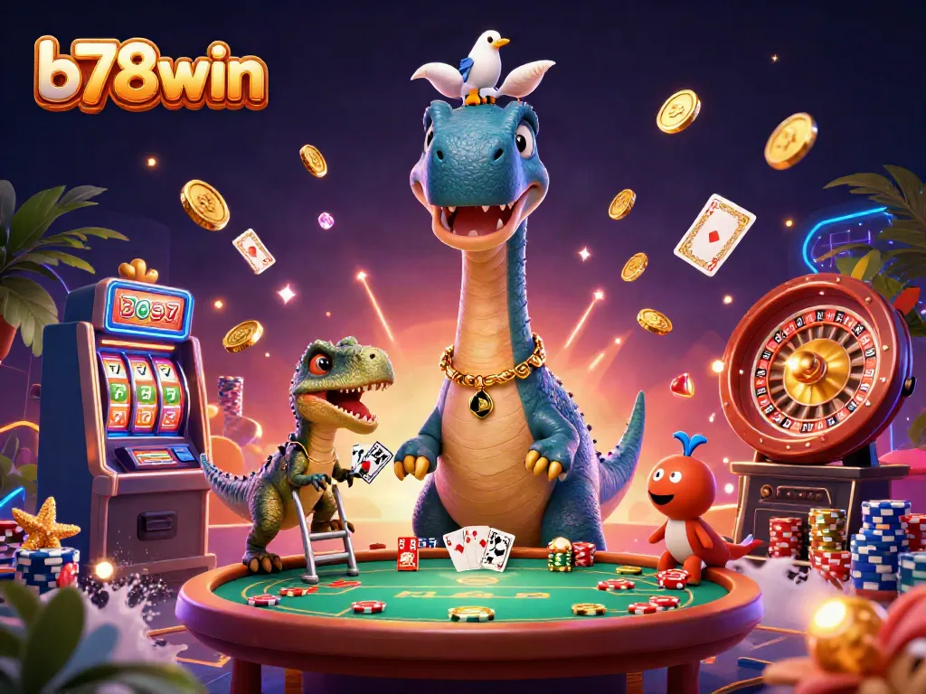 Experience winning at b78win with a vibrant casino scene featuring a brontosaurus and a raptor dealing cards.