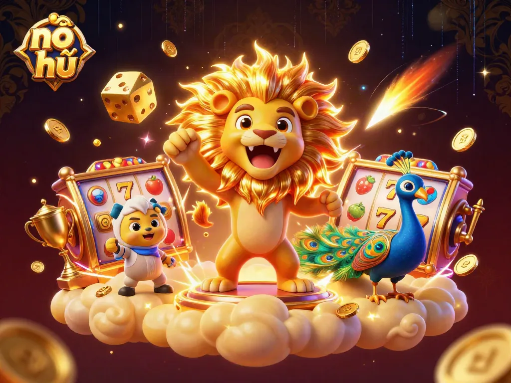Nổ hũ with a roaring sun lion and slot machine elements celebrating big wins in dynamic illustration
