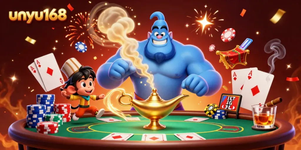 Mainkan unyu168 di dunia kasino dengan lampu genie dan kucing Aladdin.