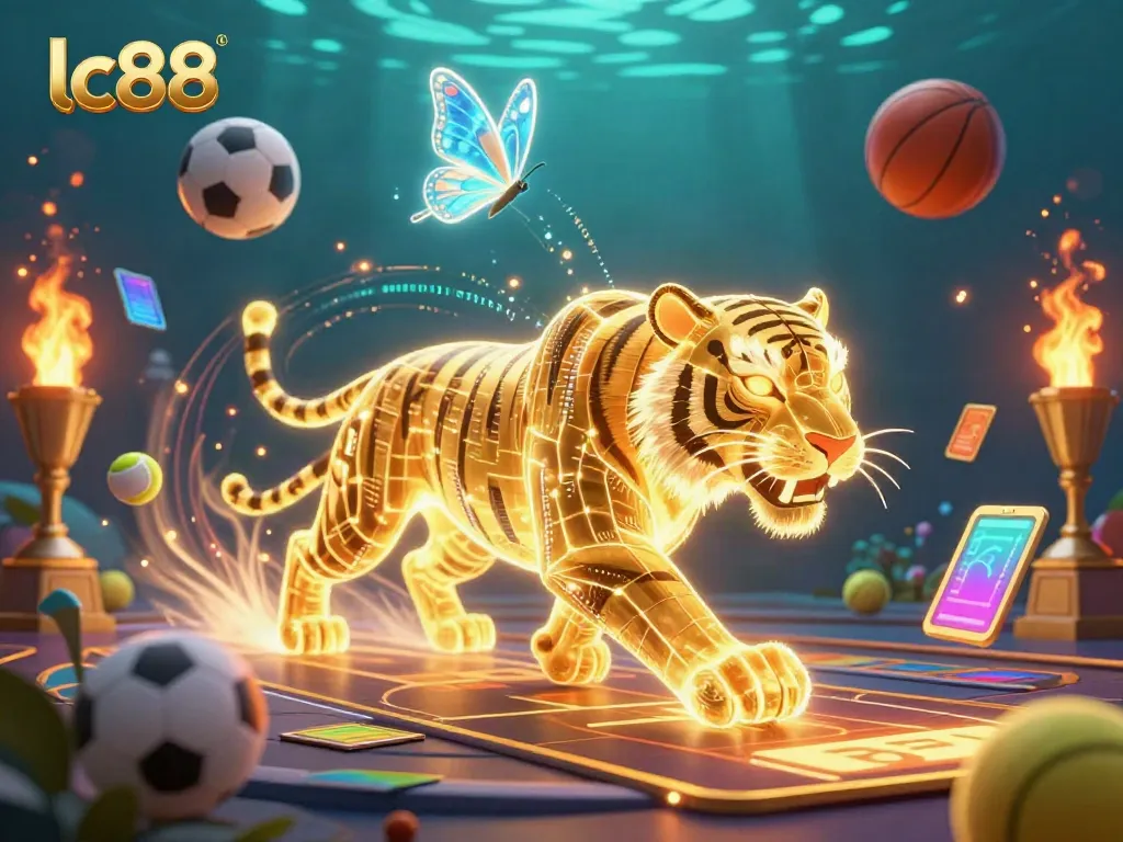 Experience thrilling gameplay with lc88 in a vibrant digital casino scene featuring a golden tiger and dynamic sports elements.