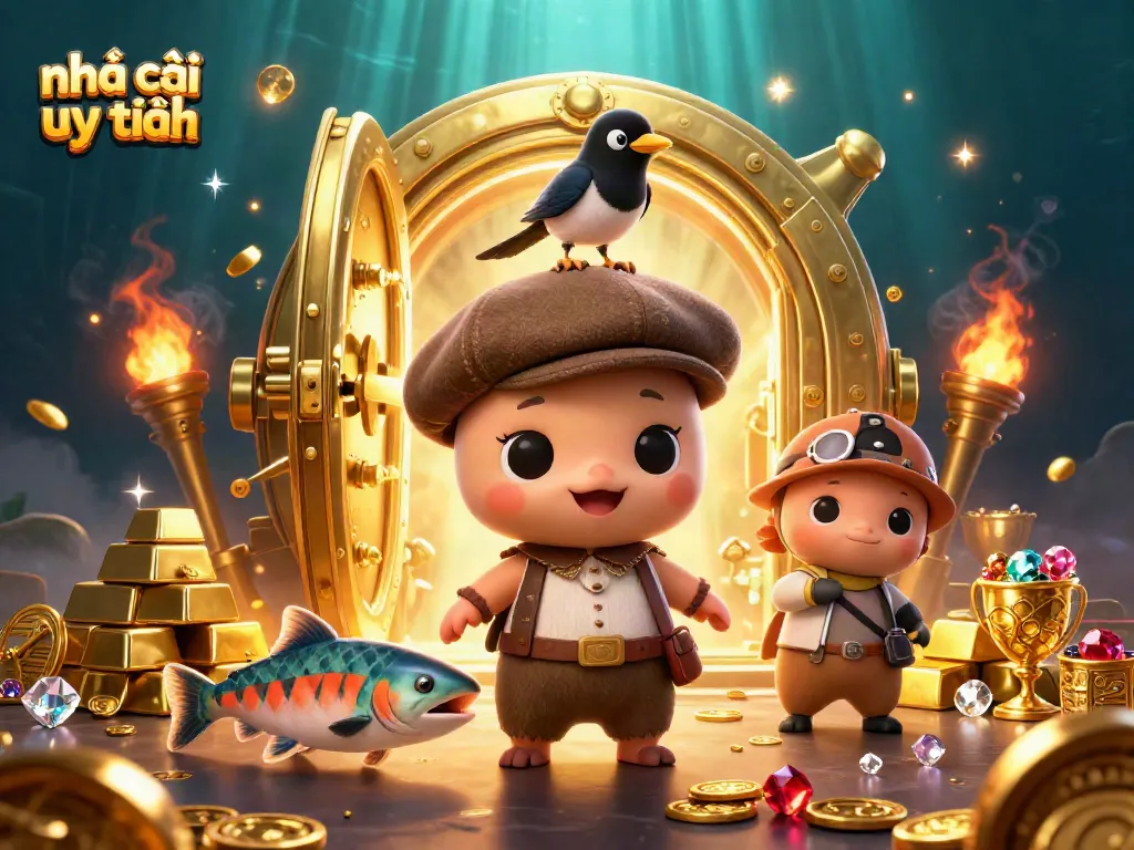 Engaging illustration showcasing a casino scene with nhà cái uy tín, featuring characters and treasure elements.
