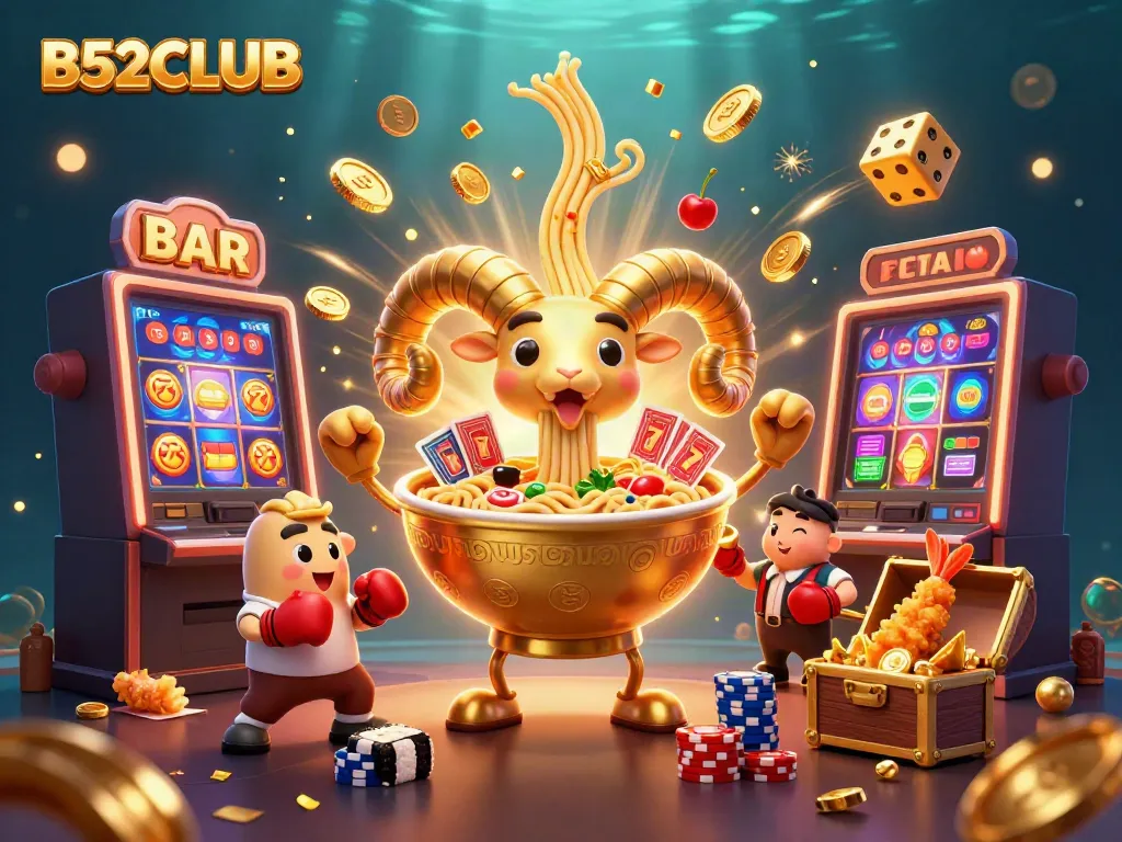 Engage in the vibrant world of B52CLUB with a cartoonish golden ramen bowl dealing casino cards in a dynamic scene.