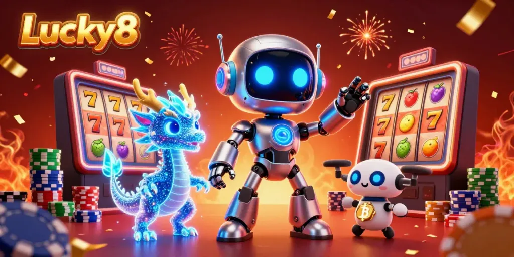 Experience Big Wins with Lucky8 in this vibrant and engaging casino-themed image.