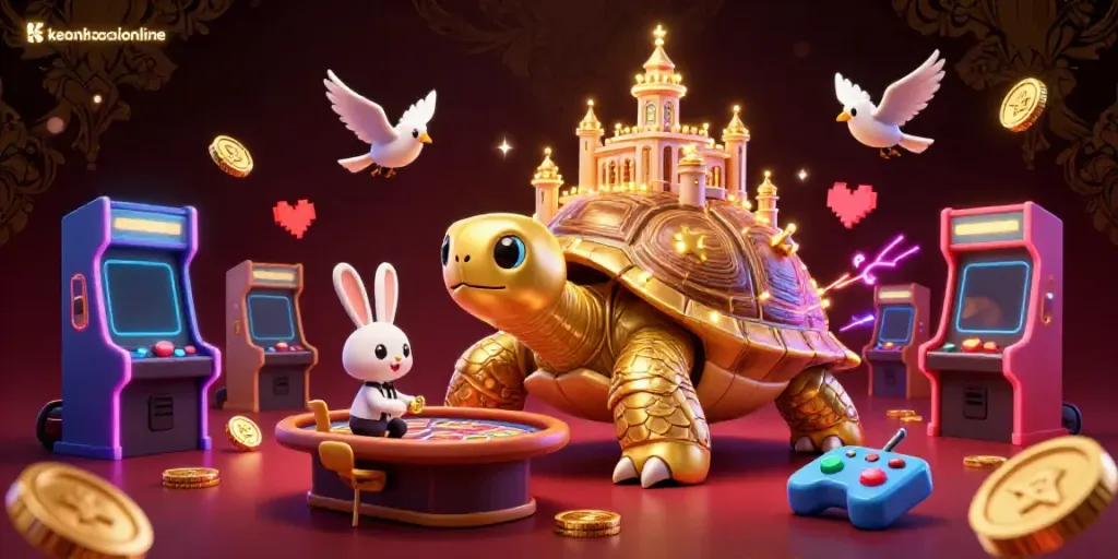 Engage with keonhacaionline's vibrant 3D casino scene, displaying a tortoise casino and a rabbit dealer.
