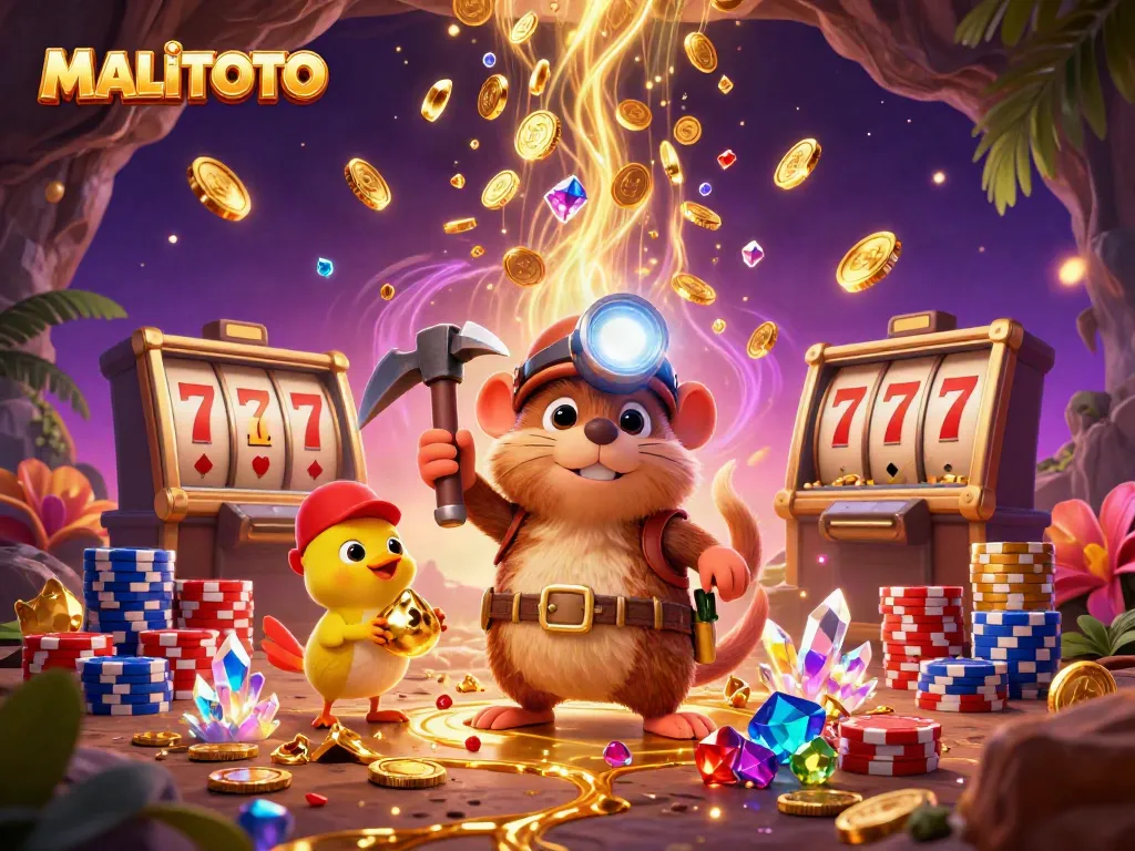 MALITOTO showcases a treasure hunter mole amidst cascading coins and vibrant slot machine reels.