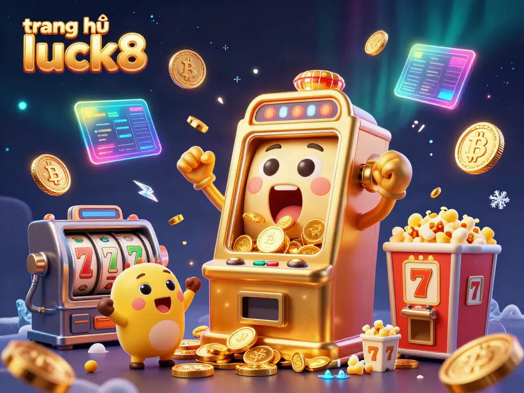 Feel the excitement on trang chủ luck8 with a golden slot machine celebrating its jackpot as coins cascade down.