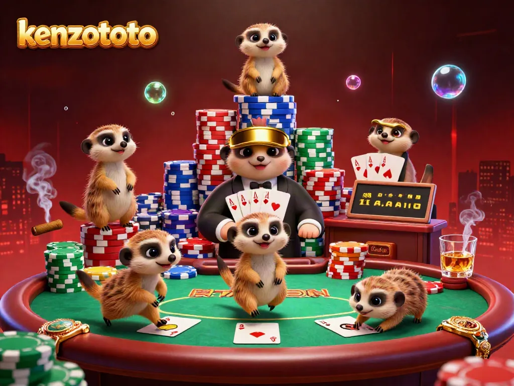Experience kenzototo's lively casino scene with meerkats revealing hidden treasures amidst poker and chips.
