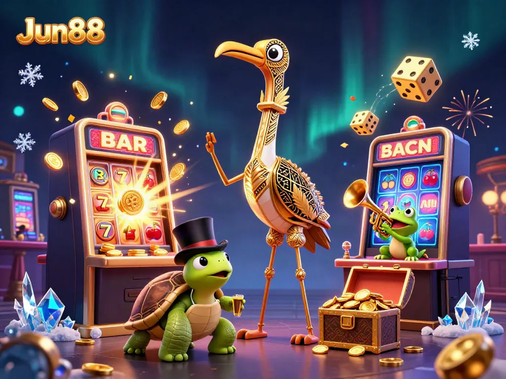 Experience the excitement of Jun88 with a vibrant casino scene featuring a 3D art deco crane and lively characters.