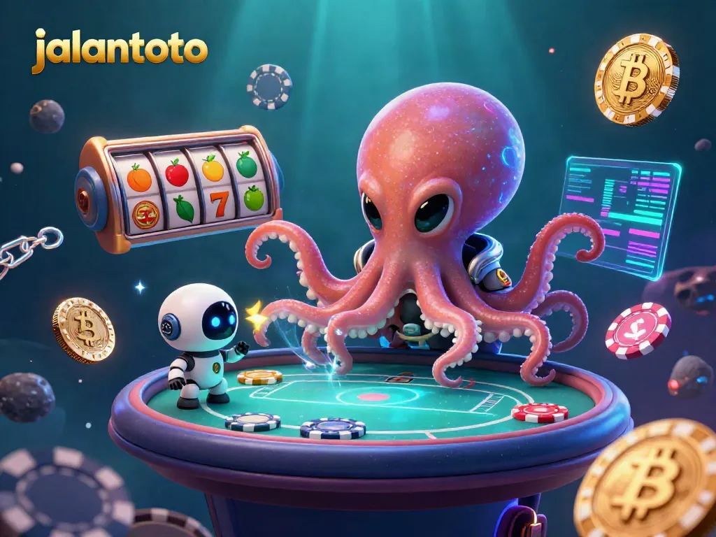 Play at jalantoto with an octopus dealer at a floating poker table, enhanced by vibrant gambling icons.