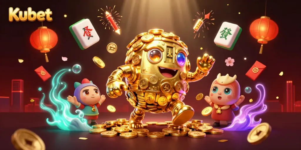 Kubet's golden golem surrounded by casino elements showcases exciting gaming opportunities.