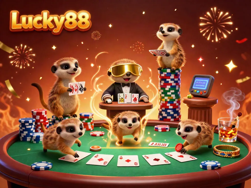Experience the thrill of Lucky88 with a vibrant 3D casino illustration showcasing meerkats engaged in a colorful poker game.
