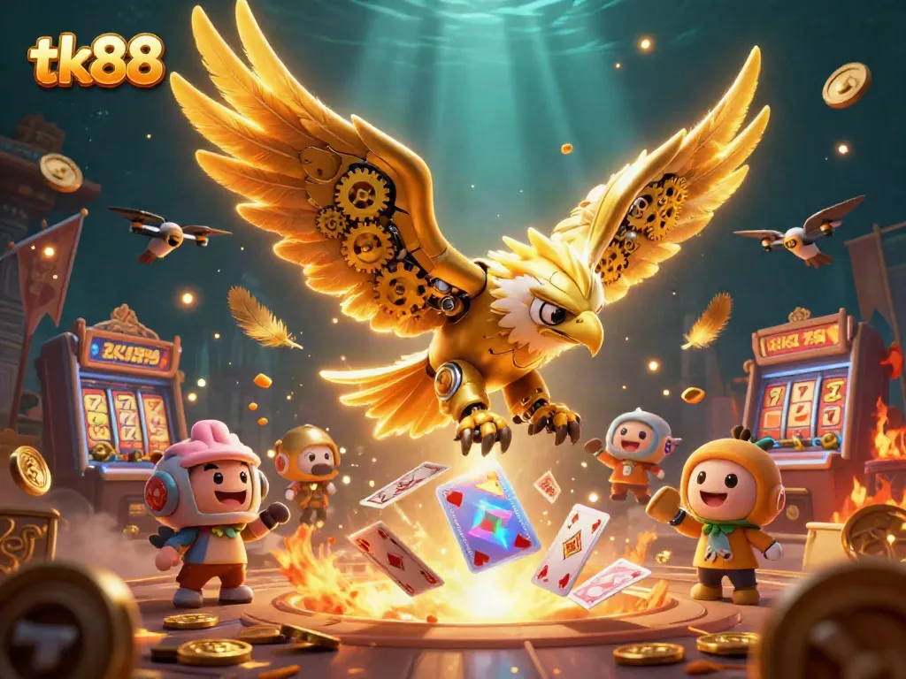 Experience thrilling gameplay with tk88 as a cybernetic golden eagle dives through 3D slot machine symbols.