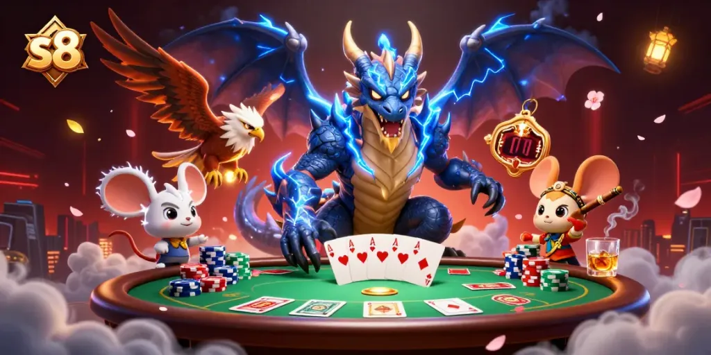 Experience thrilling poker action at S8 with an electrifying 3D illustration featuring a dragon, hawk, and vibrant gaming elements.