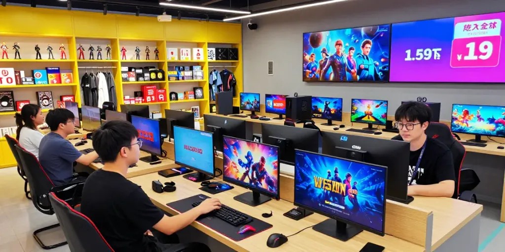 Gamers exploring digital titles at warung168, vibrant gaming merchandise display.