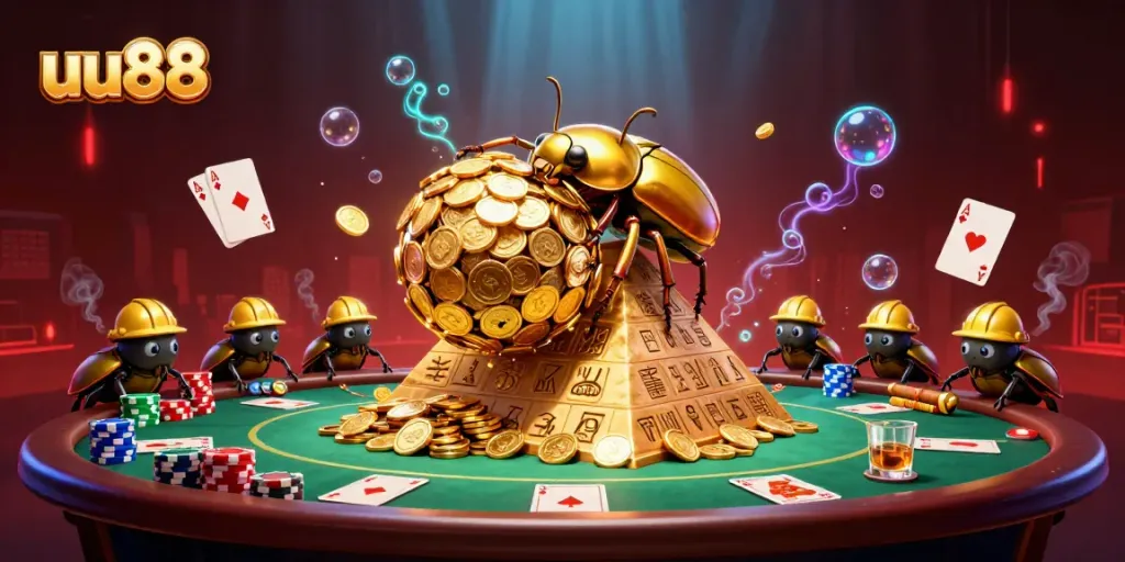 Engage with the vibrant world of uu88 as a colossal golden dung beetle rolls golden coins, encapsulating the excitement of online gambling.