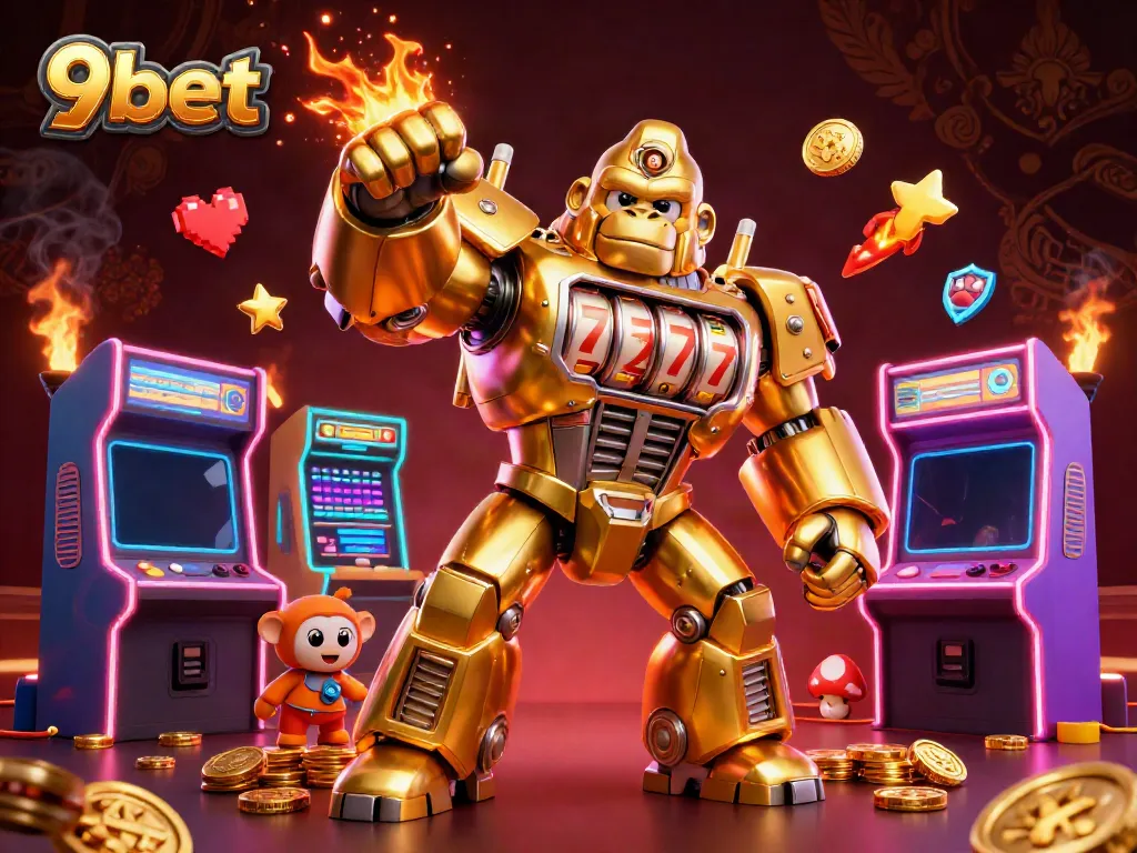 Engaging 9bet-themed casino illustration showcasing a golden mech gorilla amidst vivid gaming elements.