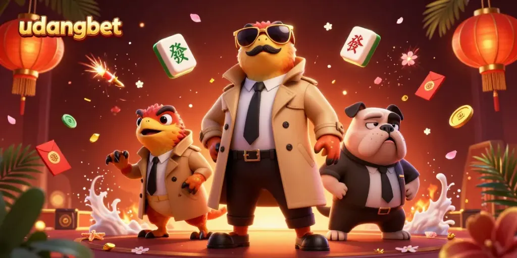 Engage with udangbet as three raptors humorously disguise themselves at a casino entrance, showcasing vibrant 3D elements.