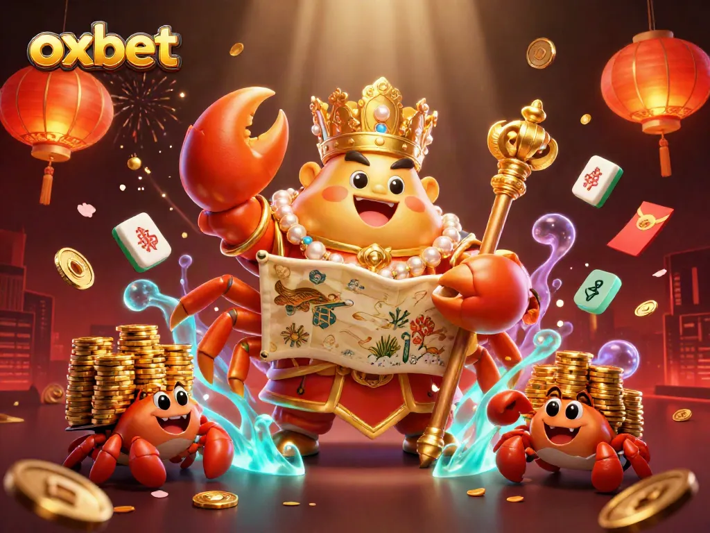Spin and win at OXBET with the golden crab emperor, showcasing rich casino elements and festive decorations.