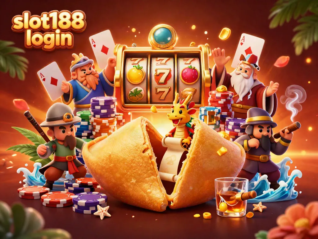 Login ke slot188 dengan aman dan cepat melalui gambar ilustratif penuh warna yang menggambarkan dunia kasino.