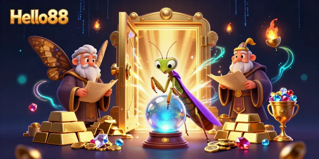 Experience ample fortune with Hello88 at an engaging casino scene featuring vibrant characters.