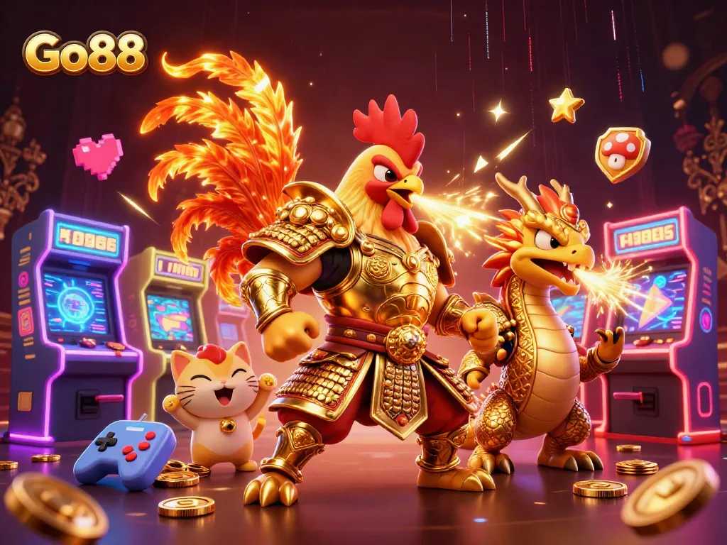 Experience Go88's exciting battles with a rooster warrior and dragon hatchling in a vibrant casino setting.