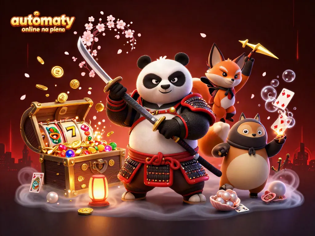 Play automaty online na pieniądze with a dynamic scene featuring a samurai panda and ninja fox.