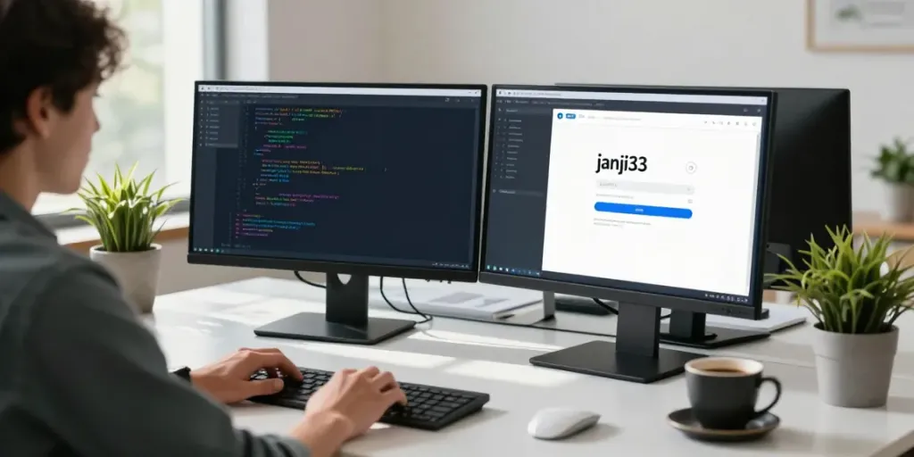 janji33 login in a tech workspace illustrating a developer coding
