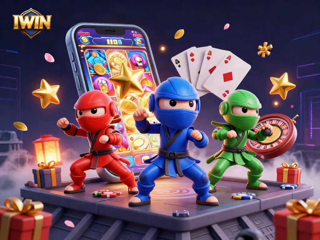 Engage in dynamic IWIN gaming adventures with a vibrant illustration of chameleon ninjas and casino themes.