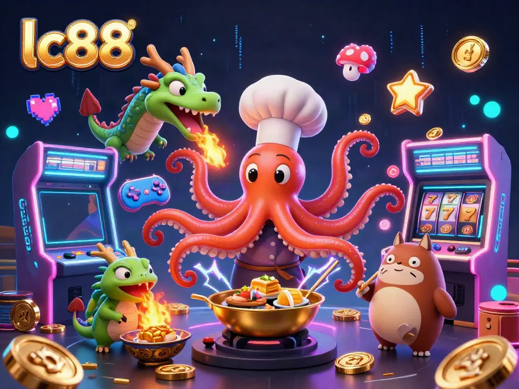Engage with thrilling lc88 action in a vibrant casino-style illustration featuring various games and dynamic characters.