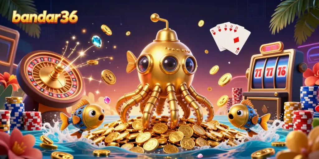 Menggambarkan bandar36, situs slot gacor, merasakan jackpot dengan koin emas berjatuhan dan permainan slot yang menakjubkan.
